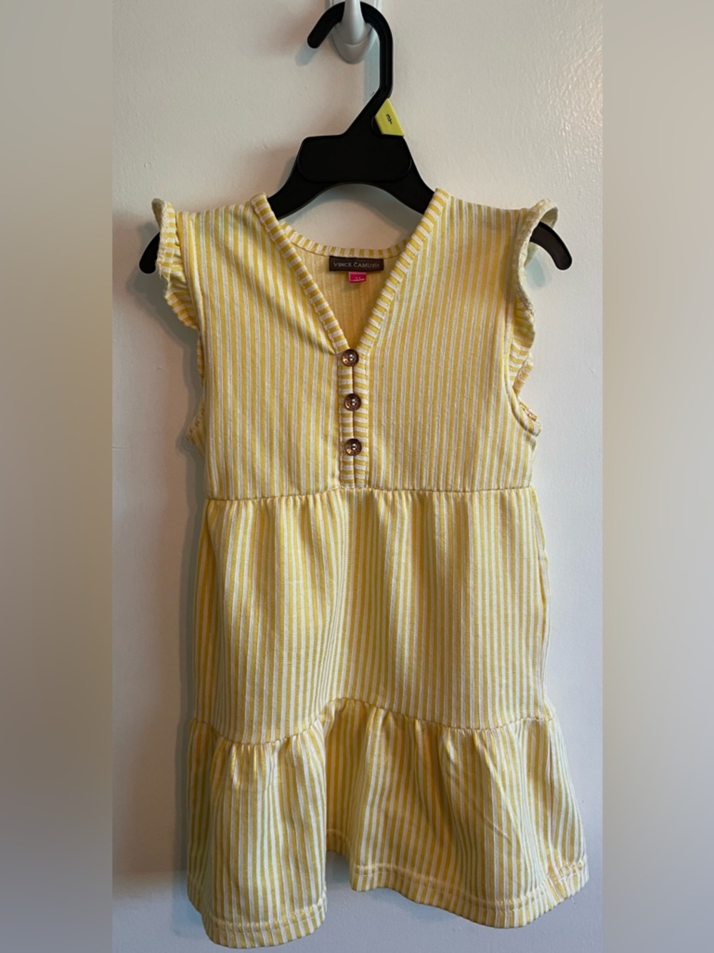 Vince Camuto Yellow and White Striped Ruffle Sleeve Dress
